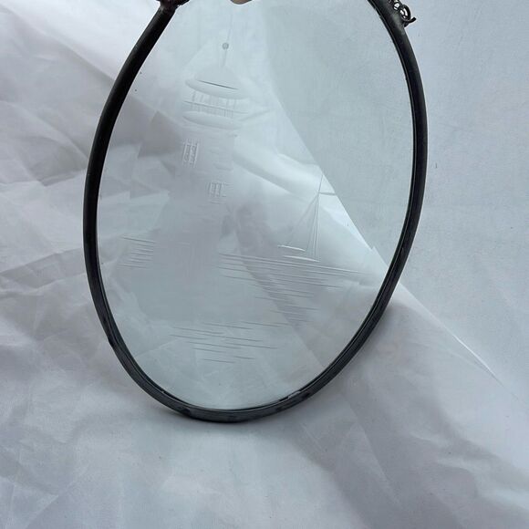 Lighthouse sailboat etched glass leaded window hanging. Artisan handmade . - Picture 3 of 6